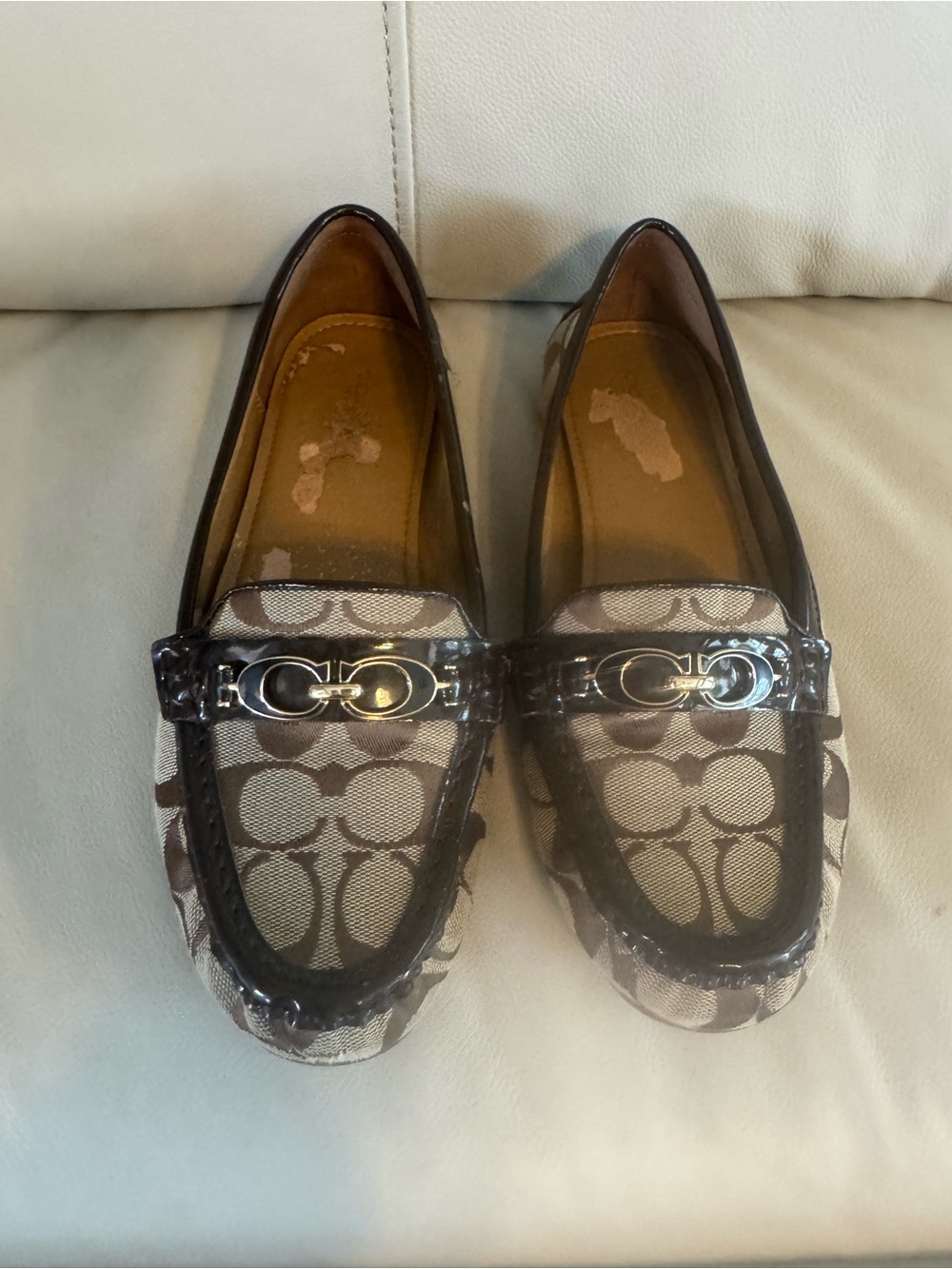 Women's Coach Brown Signature Print Loafers with Gold Accent